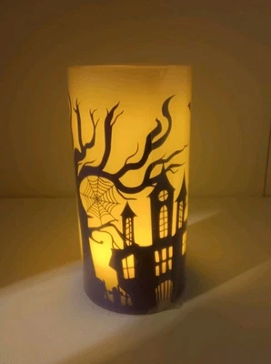 Halloween Haunted House Bats 6" LED Flickering Pillar Candle Purple/White NEW - Image 1 of 4