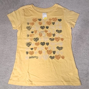Vintage Y2K Billabong T-shirt Girls Small Yellow Hearts Spellout Logo Slim 2010s - Picture 1 of 8