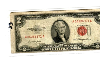 $2 "UPSHIFT/MISCUT ERROR" (RED SEAL) $2 1953     (MISCUT ALL 4 SIDES)  !!!!!!! - Image 1 of 3