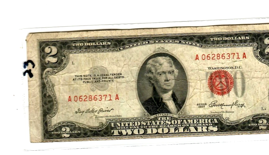 $2 "UPSHIFT/MISCUT ERROR" (RED SEAL) $2 1953     (MISCUT ALL 4 SIDES)  !!!!!!! - Image 1 of 3
