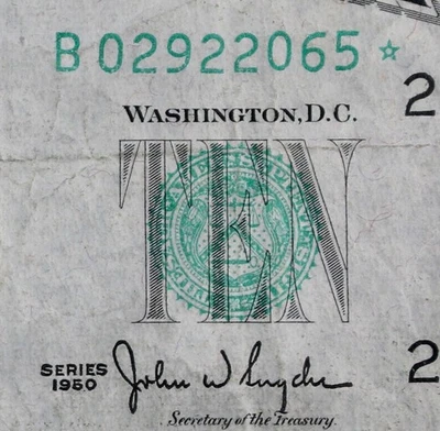 $10 1950 Star Narrow Federal Reserve Note B02922065* plain series, New York ten$ - Image 1 of 4