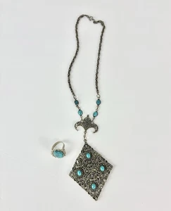 Turquoise Stone Costume Jewelry Silver Tones Necklace & Ring - Picture 1 of 8