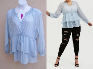 Torrid NEU Lagenlook Bauern Bluse Top Übergröße 3 3x 2x hellblau Schweizer Punkte - Bild 1 von 12