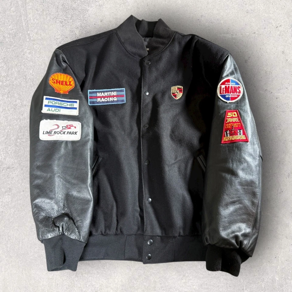Chaqueta Universitaria Porsche Años 90 Bordada Lana Cuero Talla XL EE. UU. Rara Foto 1 de 4