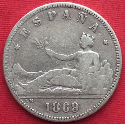 SPAIN , SILVER 2 PESETAS 1869 SN-M KEY DATE ( ABC-S ) , RARE  - Image 1 of 2
