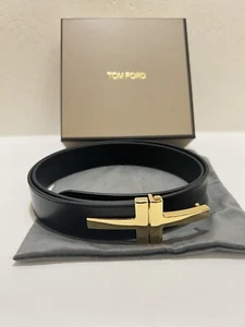 Cinturón TOM FORD Doble T Dorado Hebilla Negro Talla 36 Cintura - Imagen 1 de 7