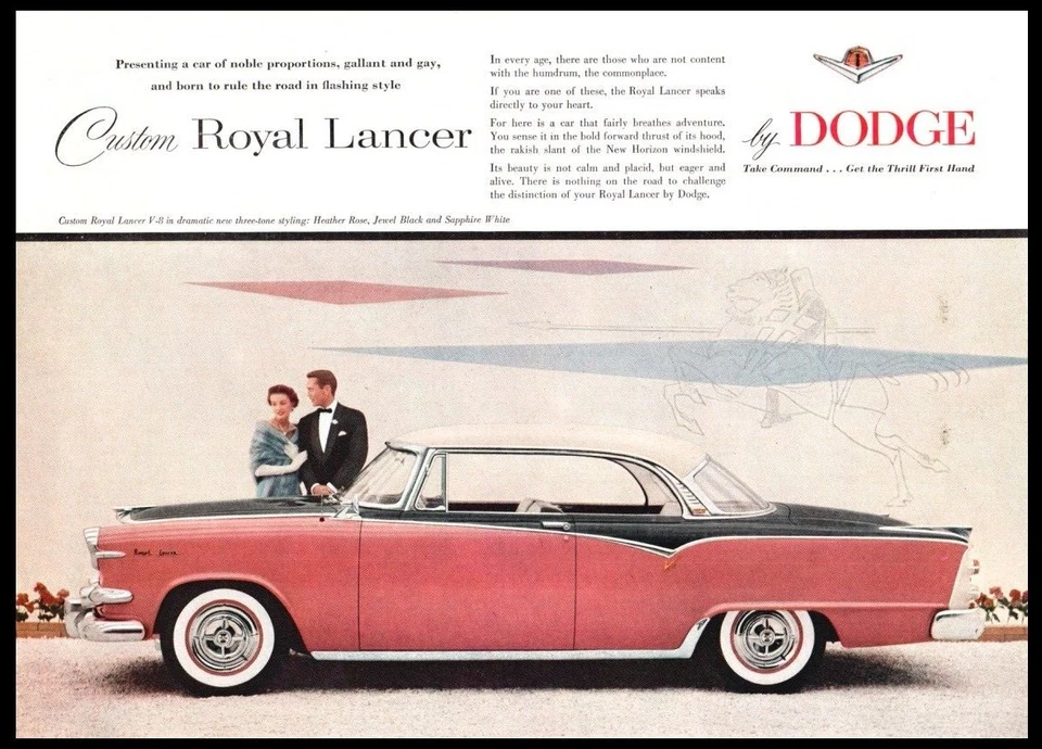 Dodge Custom Royal Lancer 1954 - coche rosa original anuncio impreso de colección hombre cueva, decoración garaje Foto 1 de 1