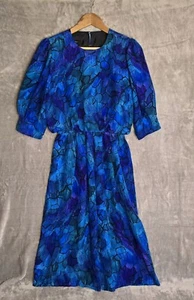 Stitches Ladies Dress 1980's Blue Abstract Size 10 Vintage 3/4 Sleeve - Picture 1 of 9