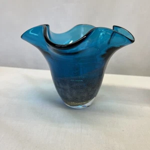 Mdina Midnight Glass Vase • Cobalt Blue Base • Metallic Overlay• Ruffle Top 4C - Picture 1 of 10