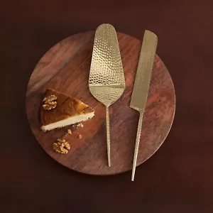 Gold Hammered Cake Knife & Server Set Stainless Steel Wedding Party Pack Of 2 - Picture 1 of 5