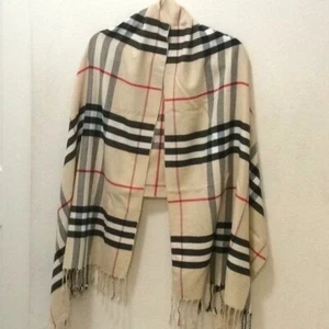 Ladies Shawl Fringed Bottom Tan Plaid Size- 67”Long, 26”Wide - Picture 1 of 5