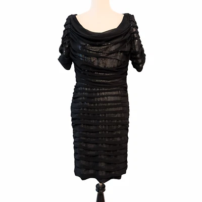 Tadashi Shoji Women Sz 12 Silver Sequin Black Ruched Tulle Overlay Bodycon Dress - Image 1 of 4