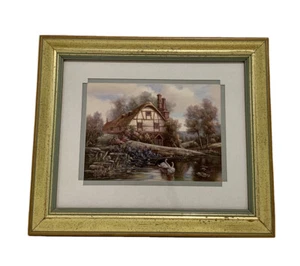 Carl Valente Print English Cottage Swans Double Matted Framed Signed 12 X 10 - Picture 1 of 5
