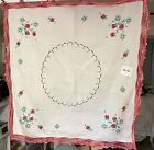 Vintage Linen Dark Pink Flower Embroidered Tablecloth 36x36 w/ Crocheted Trim