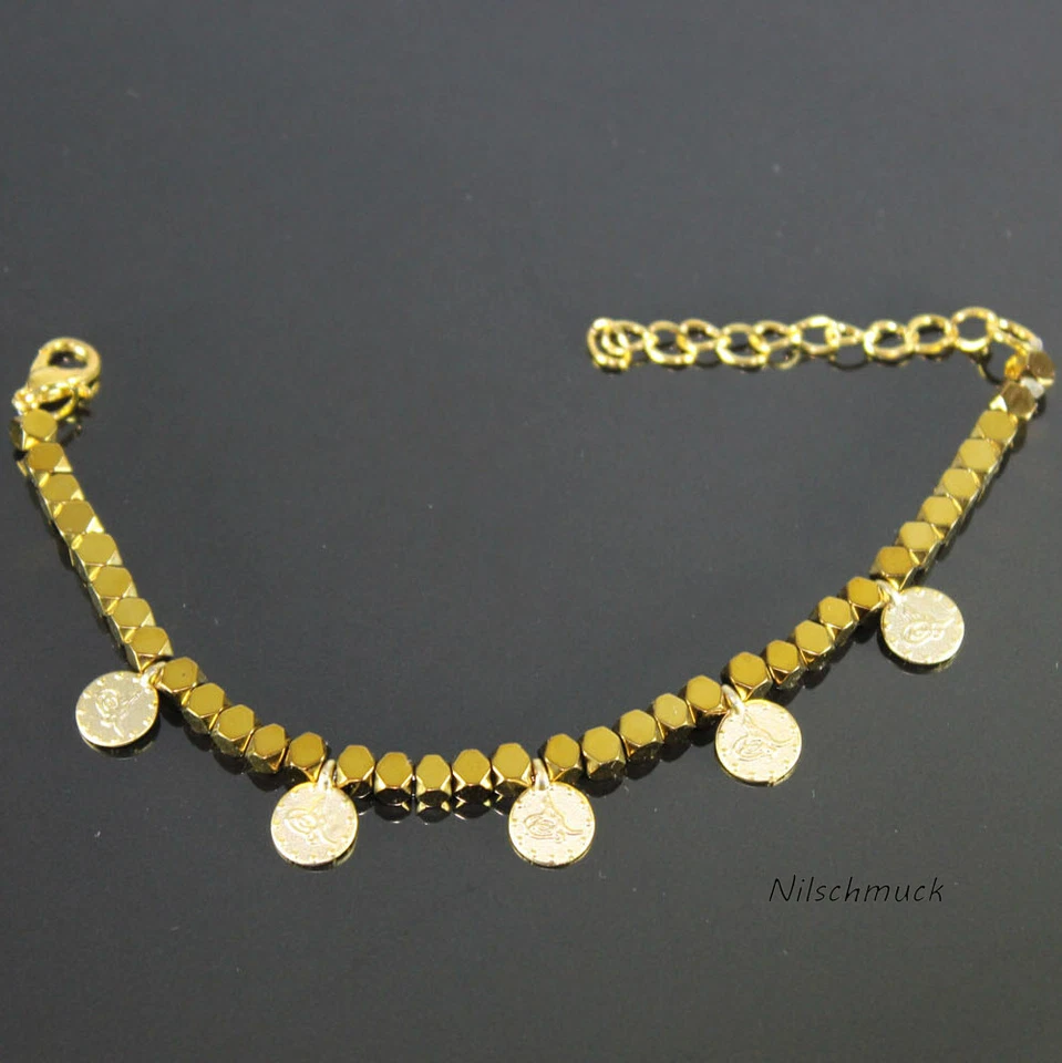  Damen Gold Hämatit Perlen Armband mit 8mm Gold Münzen  Karabiner Verschluss - Bild 1 von 1