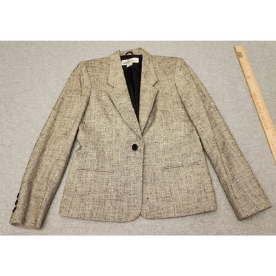 Saks Fifth Avenue Blazer Womens 6 Beige Black Silk Tweed Single Button VTG - Image 1 of 4