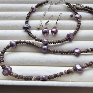 Lavender Freshwater Natural Pearls, Sterling Silver Necklace Jewelry Set - Picture 1 of 9
