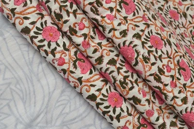 Hand Block Floral Print 100%Cotton 5 Yard Fabric NO TARRIF CHARGES 100%✅ZK_163 - Image 1 of 4
