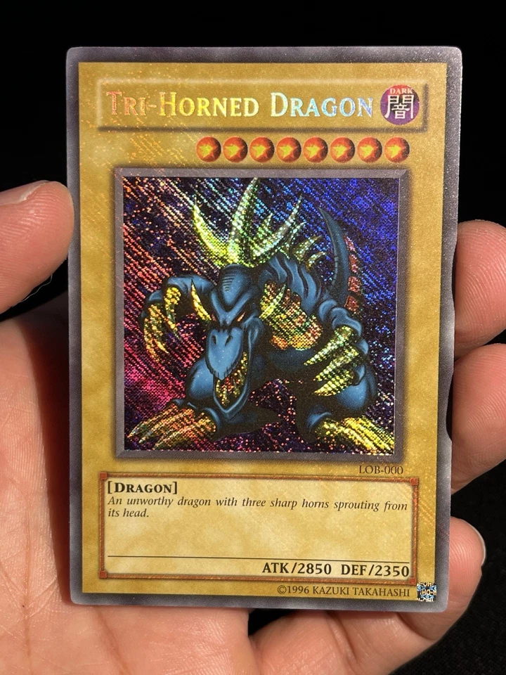 Mint YuGiOh Tri-horned Dragon LOB 000 Double Misprint Holo Bleed Reverse Secret - Image 1 of 4