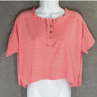 Camisa Top Free People Rosa Rayas Recortada Henley M Ligera Elastizada Informal Foto 1 de 4