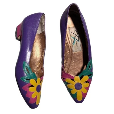 Vtg 1980s Ros Hommerson Purple Pink Flower Leather Pointed Toe Low Pumps Sz 6.5 - Image 1 of 4