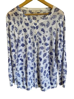 LOFT Size XL Blue White Floral Ramie Rayon Button Front Cardigan Sweater Paisley - Image 1 of 4