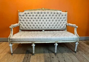 Antique French Louis XVI Revival Painted & Gilt Sofa - Picture 1 of 8