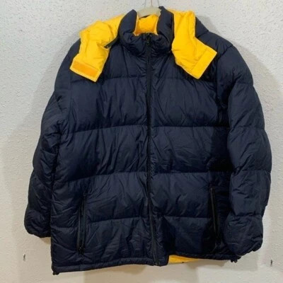 Lands’ End Down Filled Reversible Navy/Yellow Removable Hood Puffer Coat size L Foto 1 de 4