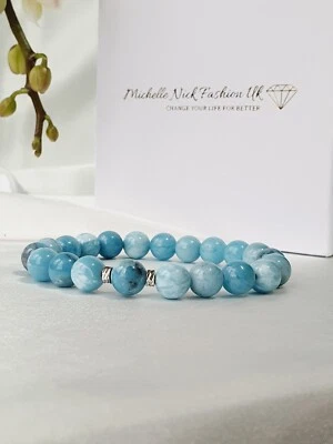 Larimar Bracelet Natural Stone 8mm Beaded, Gift Box Jewellery, Handmade in Uk - Image 1 of 4