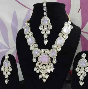 Indian Bollywood Crystal Bridal Silver Plated Necklace With Earrings Jewelry Set - Picture 1 of 6