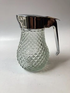 Small Diamond Hobnail Cut Glass Syrup Honey Pitcher 5" tall Spring Closing Lid - Picture 1 of 8