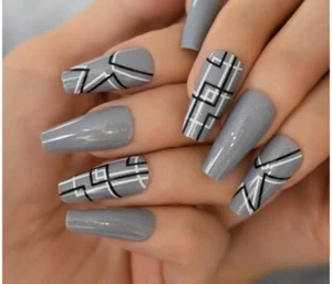 Decorated Gray w/Pattern Long Coffin Press on Nails - Picture 1 of 3