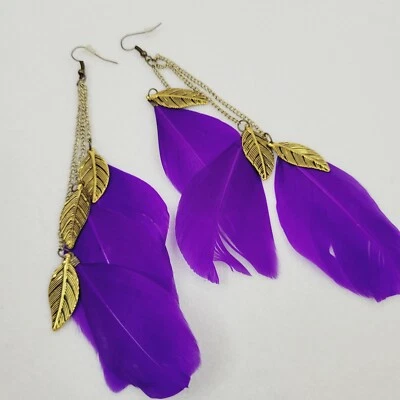 Long Purple Feather Gold Tone Leaves Fashion Jewelry Earrings Boho Tassel Hook - Image 1 of 4