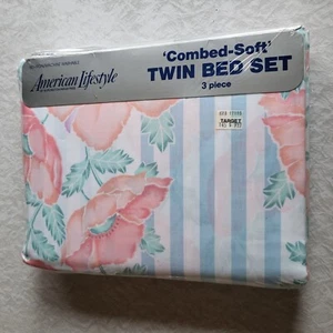 American Lifestyle by Burlington 3 Pc Twin Bed SIze Floral Sheet Set Blue Stripe - Picture 1 of 12