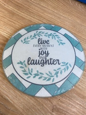 Round Glass Cutting Board/Trivet,app 8",LIVE EVERY MOMENT WITH JOY & LAUGHTER,GR - Image 1 of 2