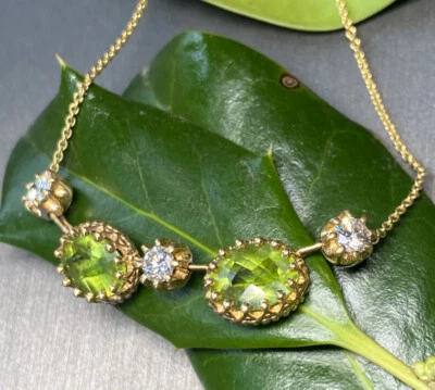 Gargantilla de diamantes de peridoto de oro amarillo de 18 quilates de 17" joyería fina vintage Foto 1 de 4