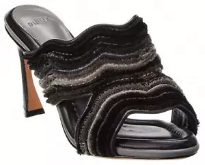 NIB Alexandre Birman Clarice Black Velvet Wavy Leather Strap Mule Pumps 38 $695 - Picture 1 of 19