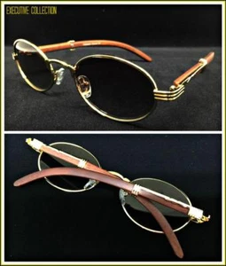 Mens Classy Sophisticated Elegant Retro Style SUN GLASSES Oval Gold & Wood Frame - Picture 1 of 6