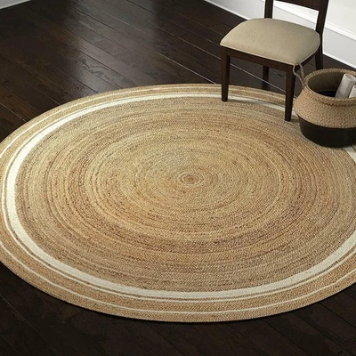 Natural Jute Rug Handwoven Eco-Friendly Area Carpet Mat Beige & White - Image 1 of 4
