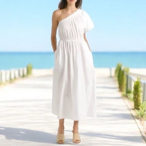 Vestido midi J.Crew blanco ajustado de un hombro 100 % algodón popelina talla grande - Imagen 1 de 8