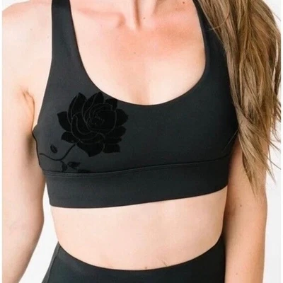 Sujetador deportivo Zyia Active negro terciopelo rosa con tiras en la espalda Top corto L Foto 1 de 4