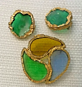 Vintage signierte Joy gegossen Harz Buntglas Brosche UND Clip Ohrring SET! - Bild 1 von 7
