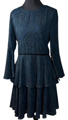 NEW  Vince Camuto Size 6 Black & Green Peplum Midi Zip Dress w/ Thin Belt - Image 1 of 4