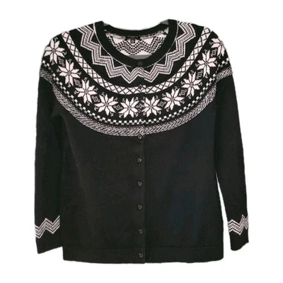 Talbots Cardigan Sweater Women’s PM Fair Isle Button Front Black Geometric NWOT  - Image 1 of 4