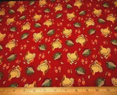 Cotton Fabric By The Yard Tan Gold Chicken Basket of Eggs Chick Floral Dk Red #C - Image 1 of 2