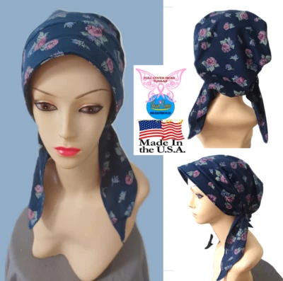 PRE-ATADO Acolchado Top.Turbante Sombrero Gorra Quimio Cáncer Turbante 100% Algodón Azul/Rosa Foto 1 de 4