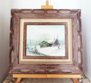 VTG  W. SMITH ORIGINAL HAND SIGNED OIL ON  WOOD WINTER CABIN ART PAINTING FRAMED - Picture 1 of 12