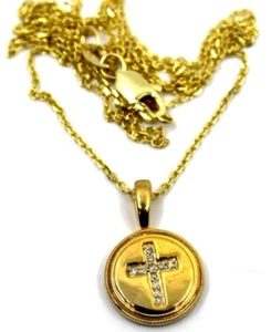 14K Solid Yellow Gold Diamond Cross Round Pendant Necklace - Picture 1 of 7