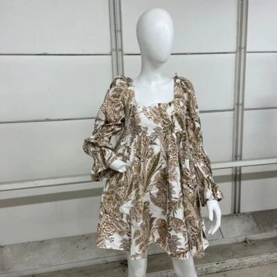 ANTHROPOLOGIE Square-Neck Corduroy Babydoll Mini Dress Women's Size M Neutral - Image 1 of 4