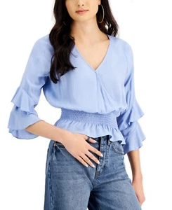 Just Polly Women’s Smocked Waist Blue Ruffled V-Neck Top Size M - Picture 1 of 1